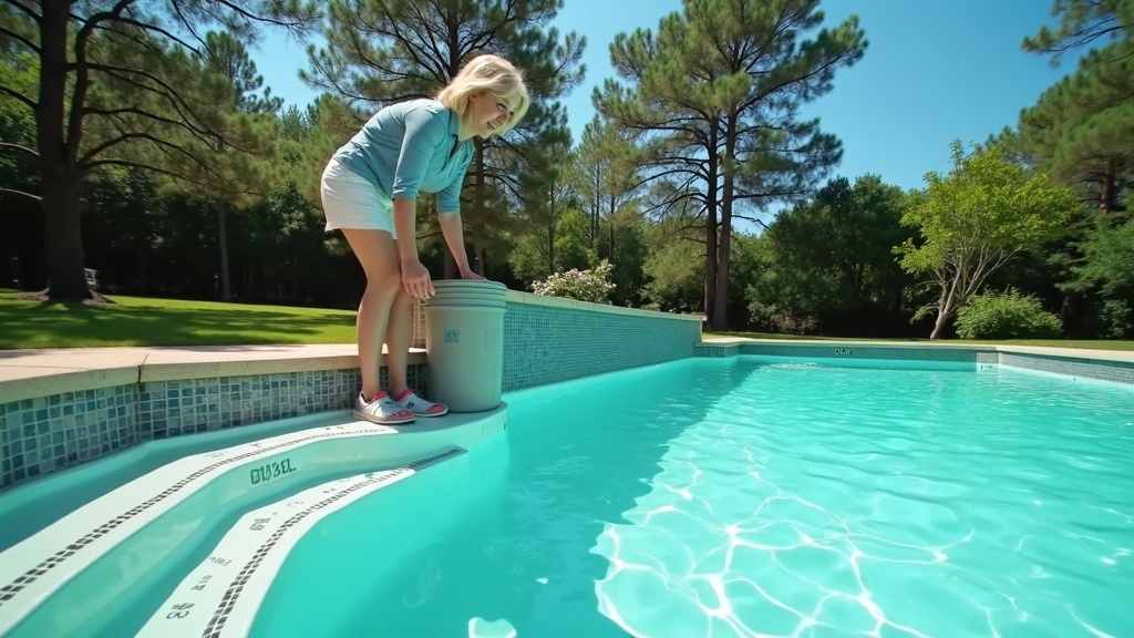 Homeowner performing bucket test to detect pool leak in The Woodlands TX