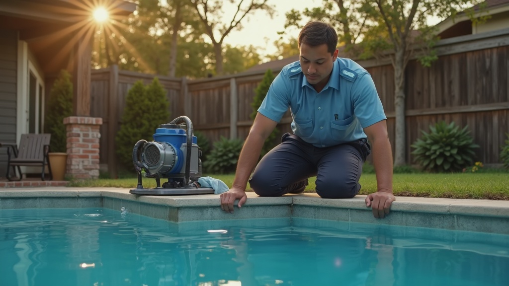 Pool pump repair technician fixing a broken pool pump in Houston backyard