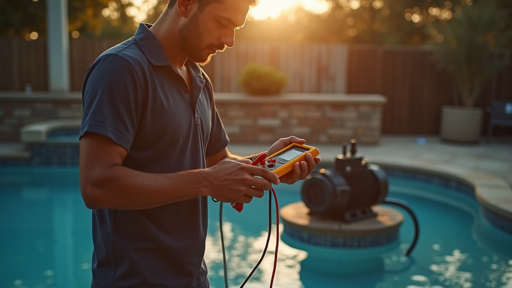 Technician testing pool pump motor with multimeter in Houston