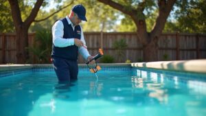 Professional pool service testing chlorine levels in a Houston residential pool to eliminate strong chlorine odor