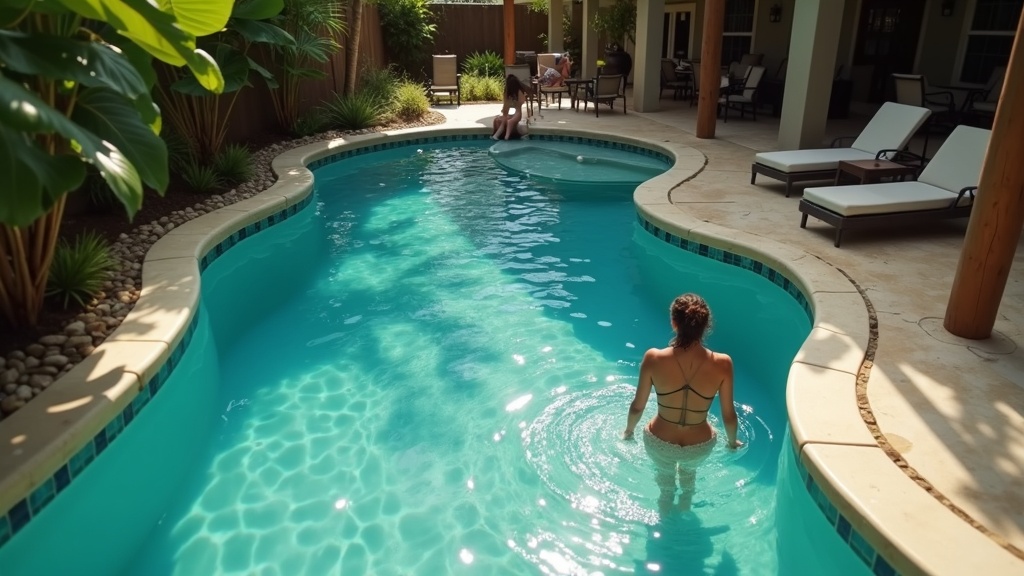 Backyard swimming pool in Houston during humid summer showing conditions that cause chlorine smell