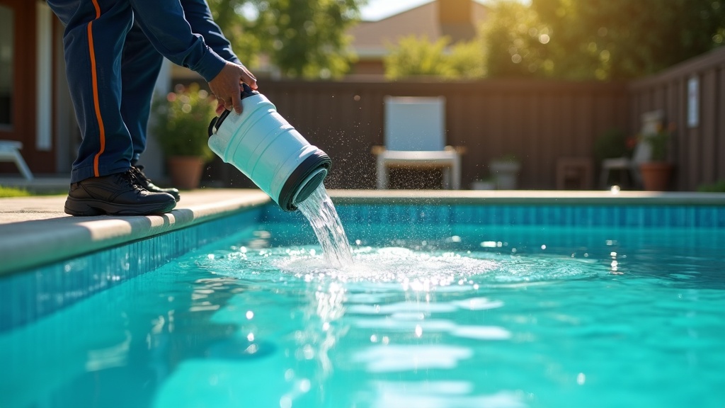 Houston pool service professional adding shock to fix a smelly pool caused by chloramines