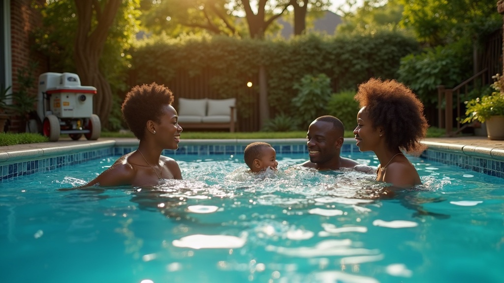 Houston family relaxing in a well-maintained pool with clear water, no smell